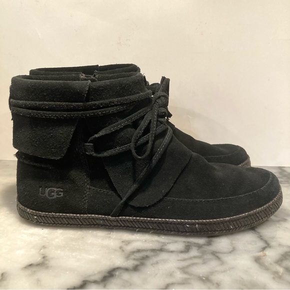 UGG Reid Black Suede Moccasin Booties Women's 8 Narrow Ankle Zip Up Boot - Picture 2 of 14